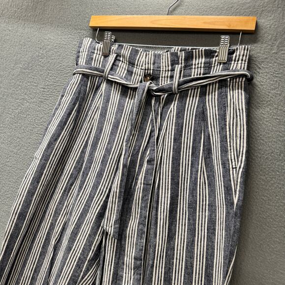 Madewell Paperbag Pants Womens 4 Blue Linen Cotton Stripe Belted Coastal Crop - Picture 6 of 10